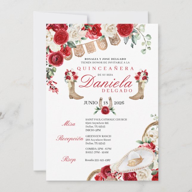 Convites Red Cowgirl Boots & Ropes Mariachi Quinceañera (Frente)