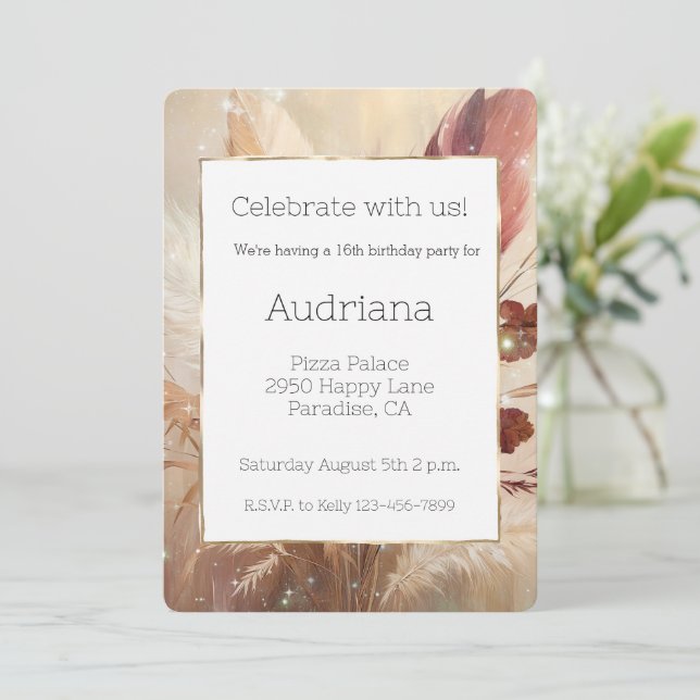 Convites Red Cream Boho Feather Floral 16º Aniversário (Em pé/Frente)