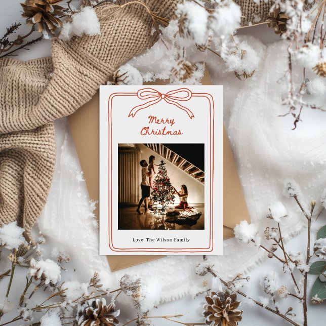 Convites Red Cream Hand Drawn Photo Family Christmas (Criador carregado)