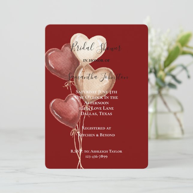 Convites Red Cream Heart Balloons Bridal Shower (Em pé/Frente)