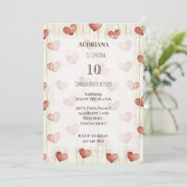 Convites Red Cream Hearts Faux Wood Birthday