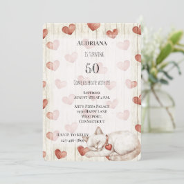 Convites Red Cream Hearts Faux Wood Cat Aniversário