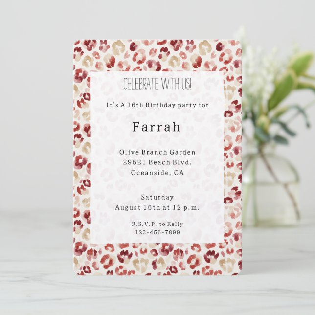 Convites Red Cream Leopard Animal Print Birthday   (Em pé/Frente)