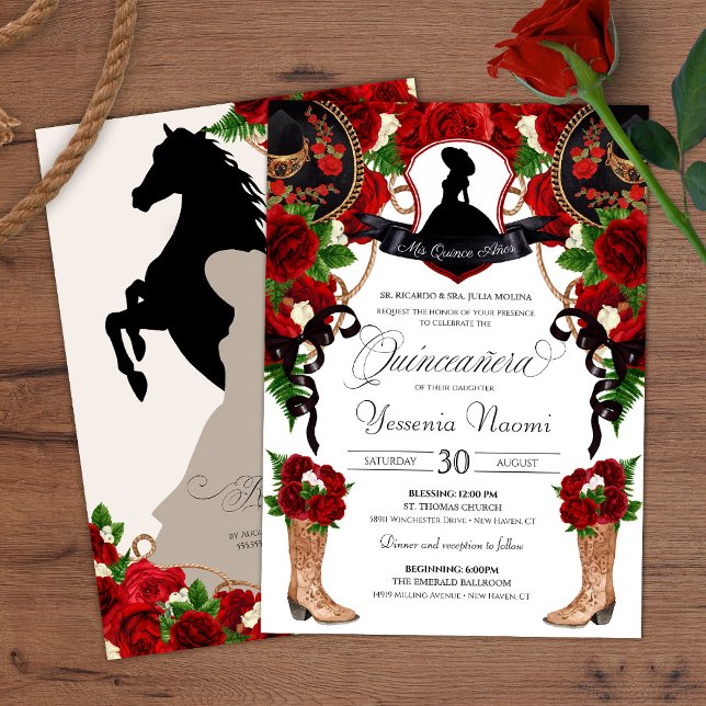 Convites Red Crest Charro Western Rosas Floral Quinceanera (Criador carregado)