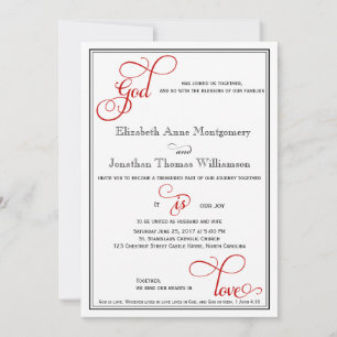 Convites Red Curly Script God is Love Christian Weding