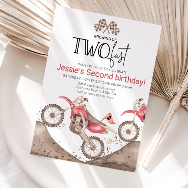 Convites Red Dirt Bike 2nd birthday - Growing up two fast (Red dirt bike birthday invitation, growing up two fast)