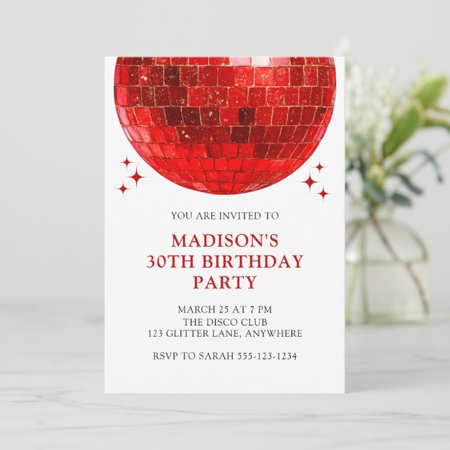 Convites Red Disco Ball 30th Birthday Disco Party (Em pé/Frente)