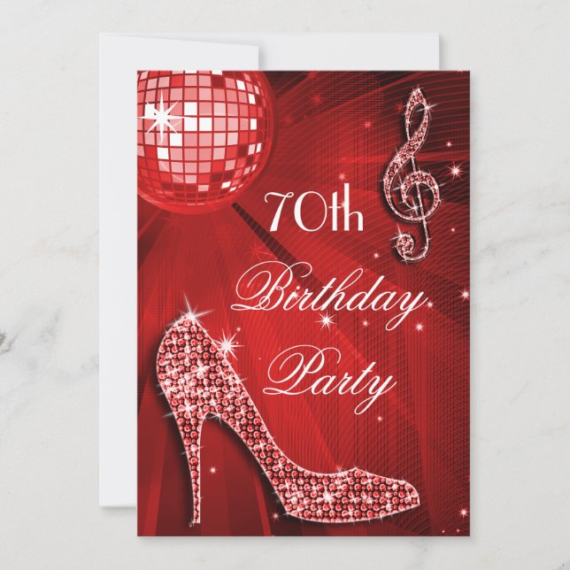 Convites Red Disco Ball and Heels 70 Birthday (Frente)