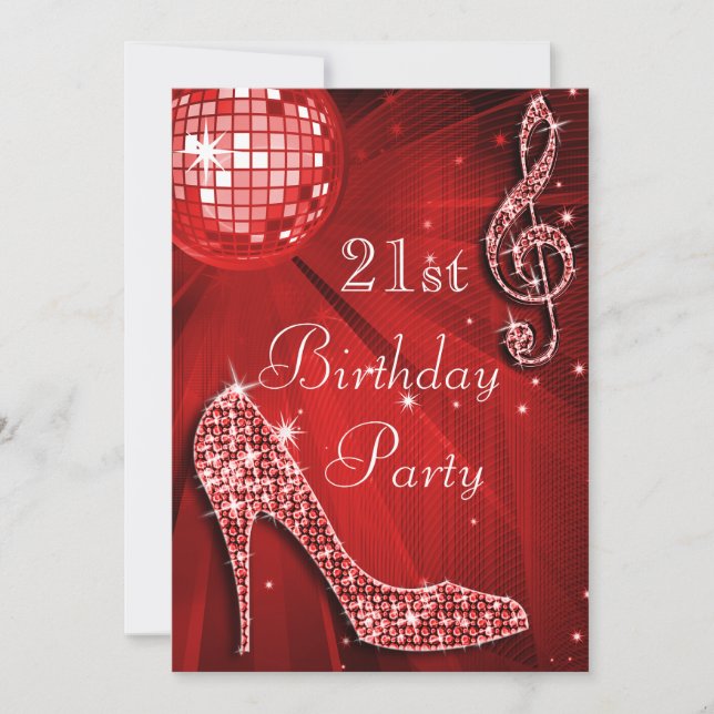 Convites Red Disco Ball and Sparkle Heels aniversário de 21 (Frente)