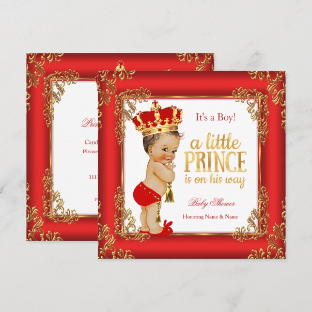 Convites Red Dourado Prince Chá de fraldas Damask Brunette (Frente/Verso)