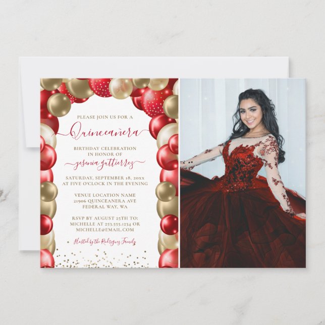 Convites Red Dourado Sparkle Quinceañera Balloon Foto Invit (Frente)