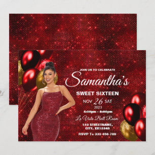 Convites Red & Dourado Sweet 16 Girl Birthday