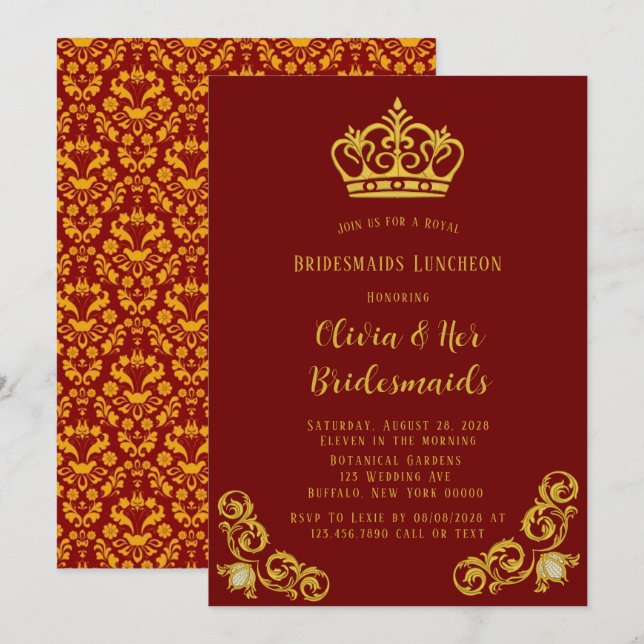 Convites Red e Dourada Royal Bridesmaids Luncheid (Frente/Verso)