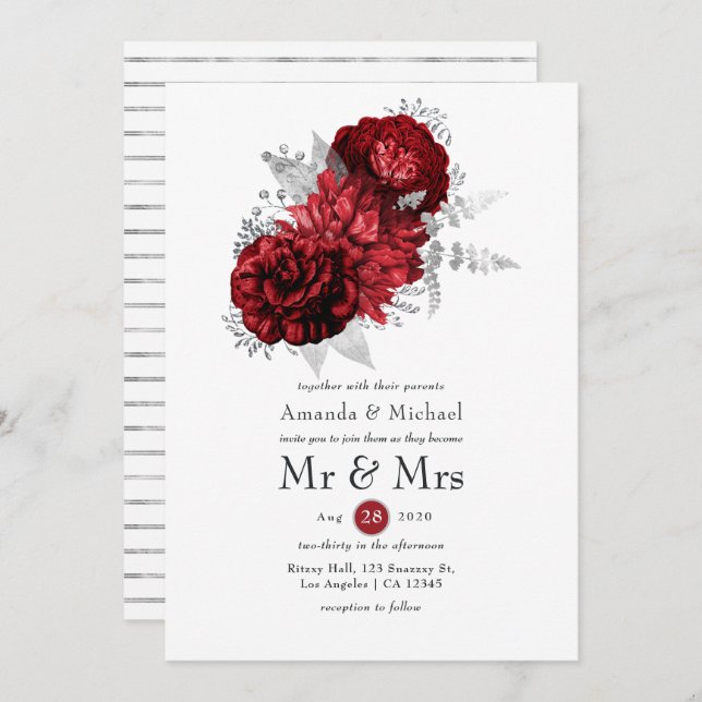 Convites Red e Silver Floral Sr. & Sra. Wedding (Frente/Verso)