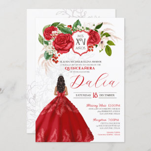 Convites Red Elegance Bold Rosa Crest Formal Quinceanera