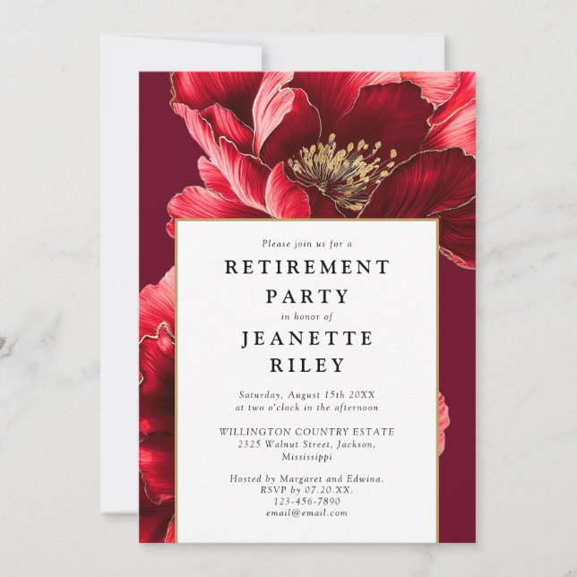 Convites Red Elegant Chic Floral Retirement Party (Frente)