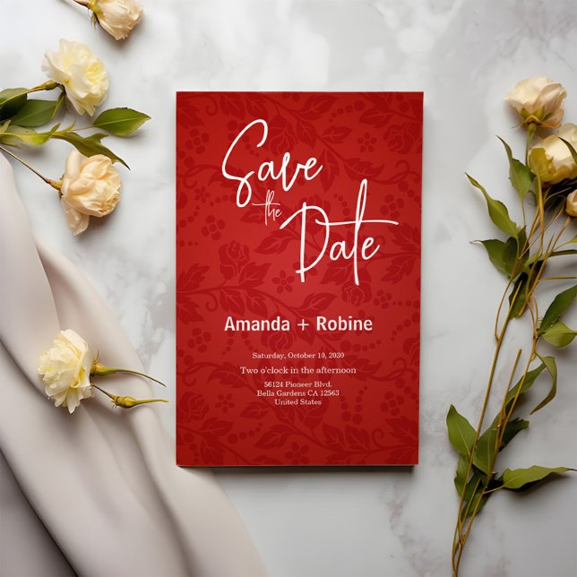 Convites Red Elegant Floral Salve a placa de data (Criador carregado)