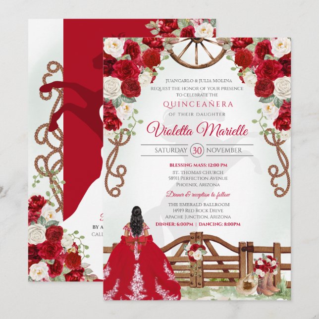 Convites Red Elegant Rustic Western Charro Quinceanera (Frente/Verso)