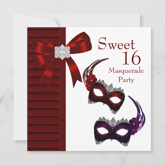 Convites Red Feather Mask Sweet 16 Mascarada Party (Frente)