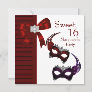 Convites Red Feather Mask Sweet 16 Mascarada Party