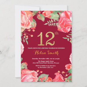 Convites Red Floral 12 Birthday Dourado Brilhante Vermelho