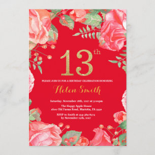 Convites Red Floral 13 Birthday Dourado Glitter e Red