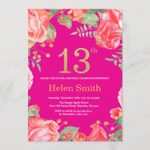 Convites Red Floral 13 Birthday Dourado Glitter e Rosa Quen