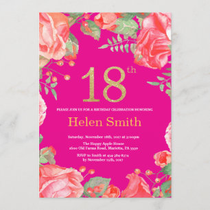 Convites Red Floral 18º Aniversário Glitter Dourado e Rosa 