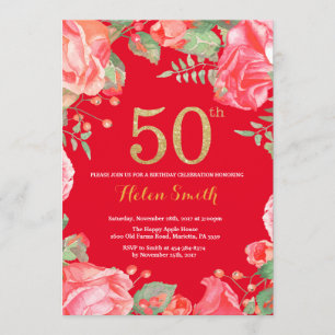 Convites Red Floral 50th Birthday Dourado Glitter e Red
