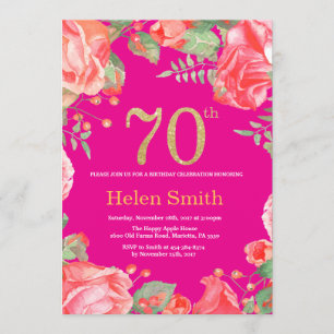 Convites Red Floral 70 Birthday Dourado Glitter e Rosa Quen