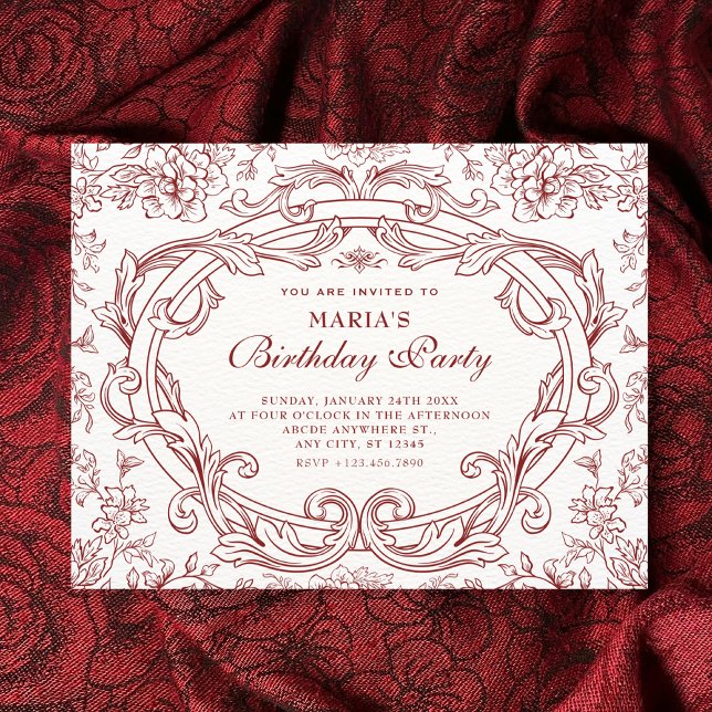 Convites Red Floral classic vintage birthday (Criador carregado)