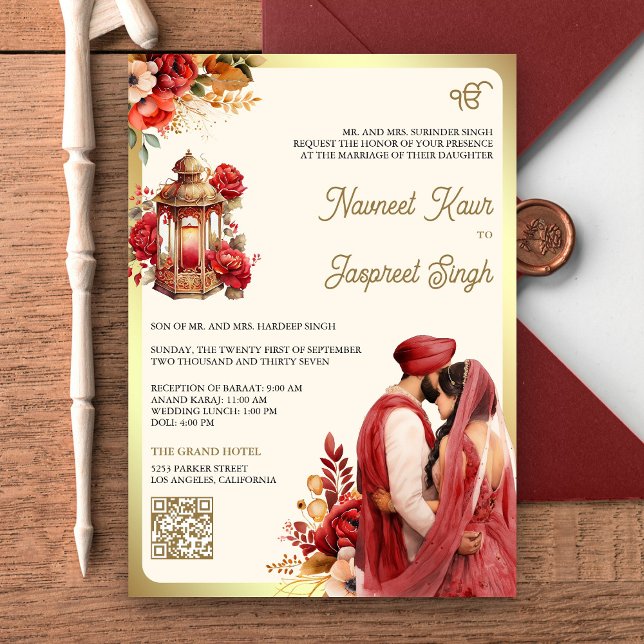 Convites Red Floral Código QR Anand Karaj Sikh Casamento (Criador carregado)