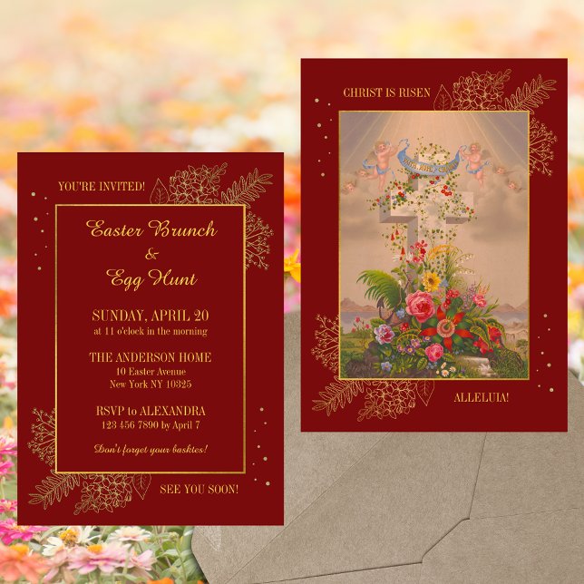 Convites Red Floral Cross Christian Páscoa Brung (Red Floral Cross Religious Christian Catholic Jesus Resurrection Easter Brunch Egg Hunt Invitation)