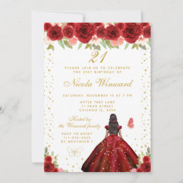 Convites Red Floral Dark Skin Princess Birthday Party