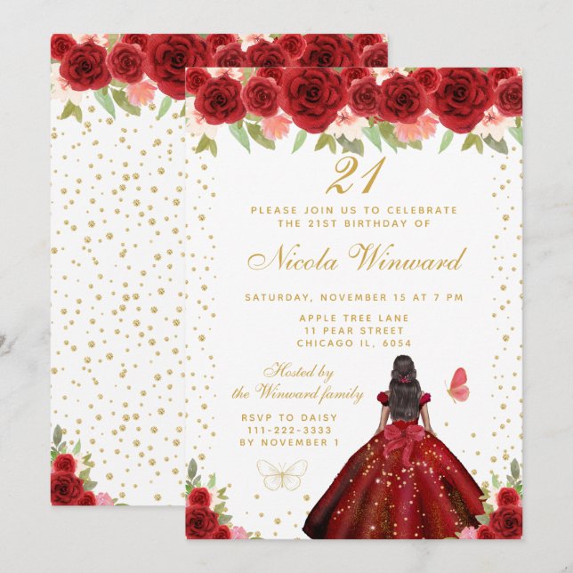 Convites Red Floral Dark Skin Princess Birthday Party (Frente/Verso)