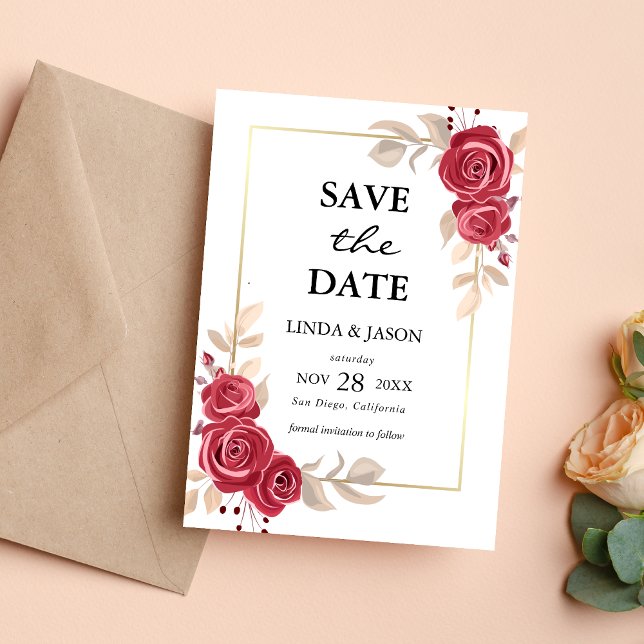 Convites Red Floral Dourado Frame Weding The Date Card (Criador carregado)