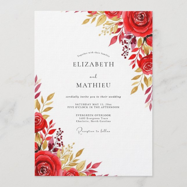 Convites Red Floral Flourish Wedding (Frente)