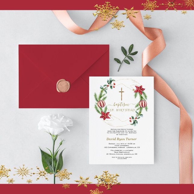 Convites Red Floral Green, Dourada, Holanda (christmas baptism 1st birthday invitation, winter holidays baptism invitation)