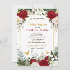 Convites Red Floral Photo Quinceanera Invite em Espanhol