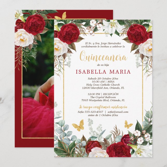 Convites Red Floral Photo Quinceanera Invite em Espanhol (Frente/Verso)