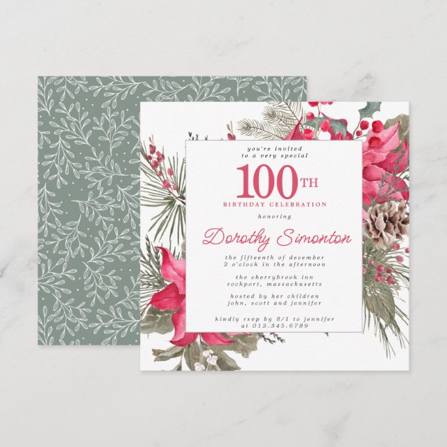 Convites Red Floral Poinsettia 100ª Praça da Festa de anive (Frente/Verso)
