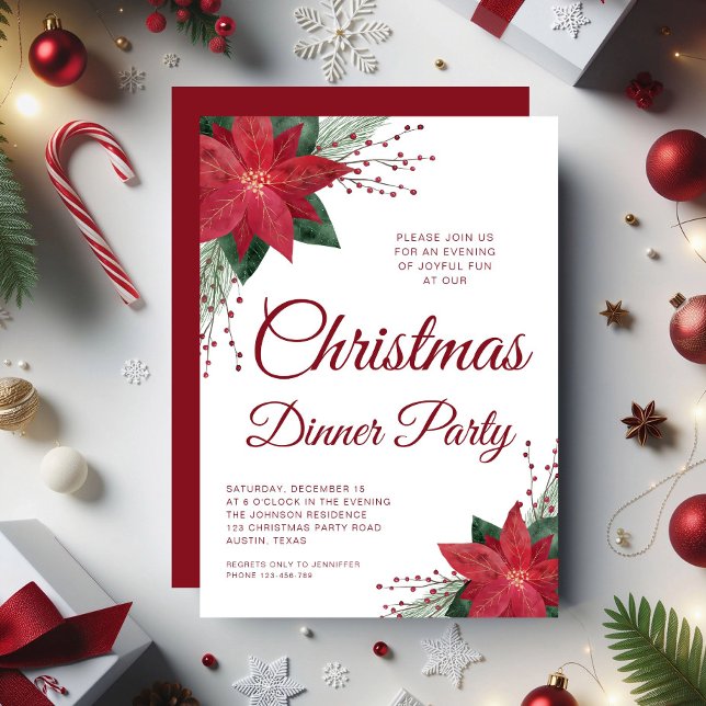Convites Red Floral Poinsettia Festa de Natal (Red Floral Poinsettia Christmas Dinner Party Invitation)