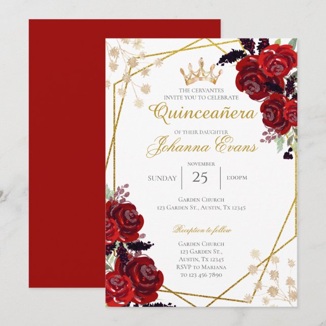 Convites Red Floral Quinceanera (Frente/Verso)