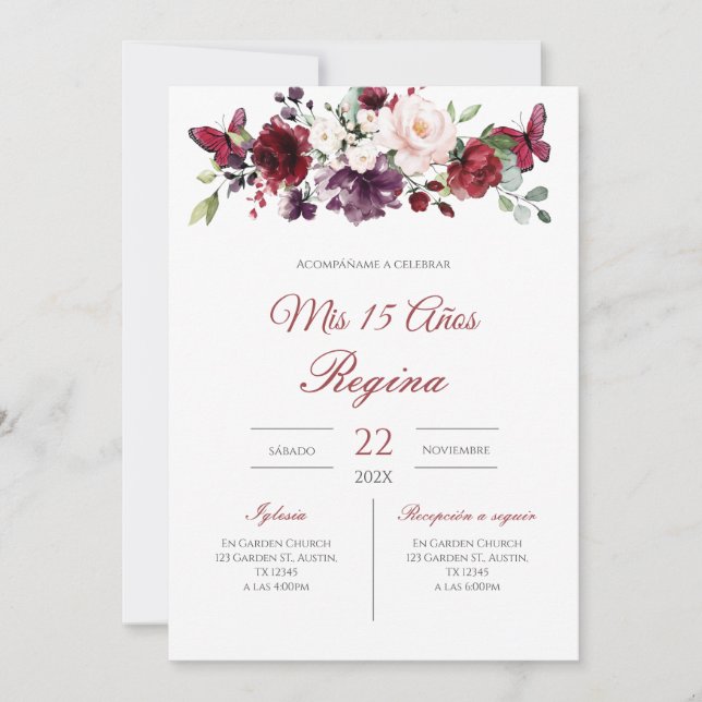 Convites Red Floral Quinceañera Invitation Spanish  (Frente)