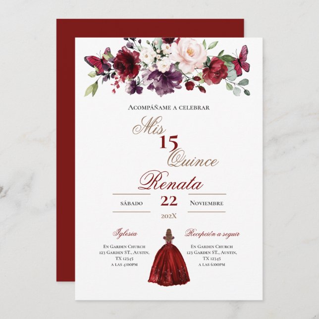 Convites Red Floral Quinceañera Invitation Spanish  (Frente/Verso)