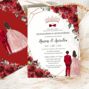 Convites Red Floral Rosa Dourada Twinboy Quinceañera