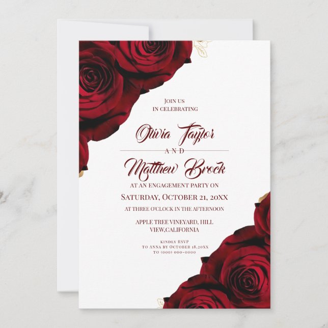 Convites Red Floral Rustic Engagement Party   (Frente)