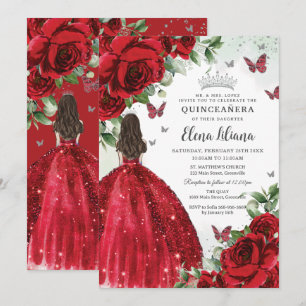 Convites Red Floral Silver Butterflies Quinceañera Sweet 16