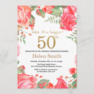 Convites Red Floral Surprise 50th Birthday Dourado Glitter