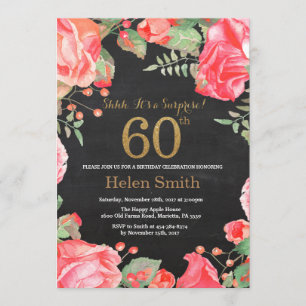Convites Red Floral Surprise 60th Birthday Dourado Glitter